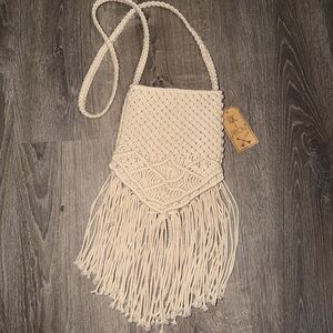 Elegant Cream Macrame Fringe Crossbody Bag